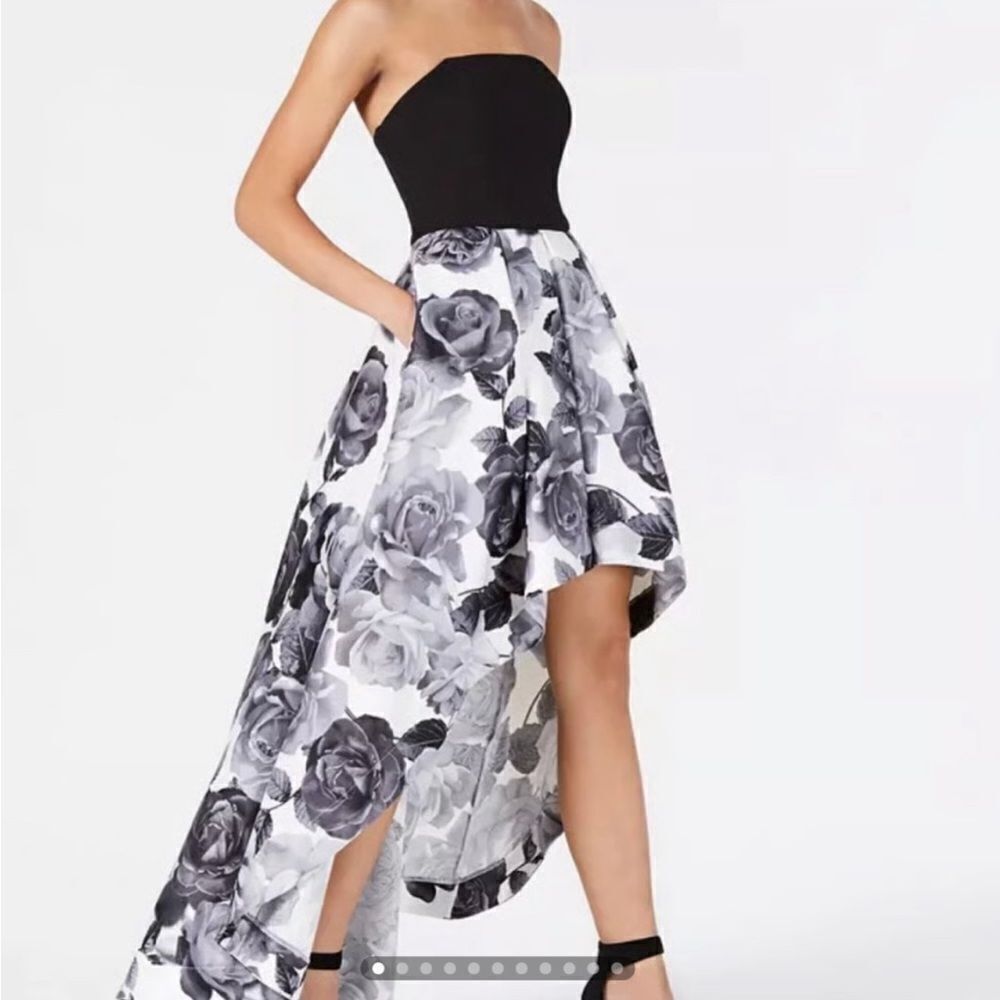 SPEECHLESS strapless black/white floral print high low gown‎ with pockets prom 3